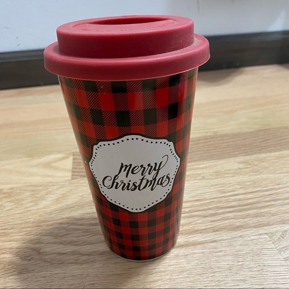 Merry Christmas Buffalo Plaid Ceramic Coffee Travel Mug NWT Silicone Lid - Picture 4 of 8